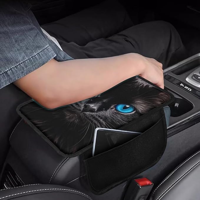 BIGCARJOB Black Cat Print Car Armrest Cover Cushion with 2 Storage Bags Universal Car Armrest Cover Center Console Armrest Pad with Pocket Animal Cat Print Armrest Seat Box Covers