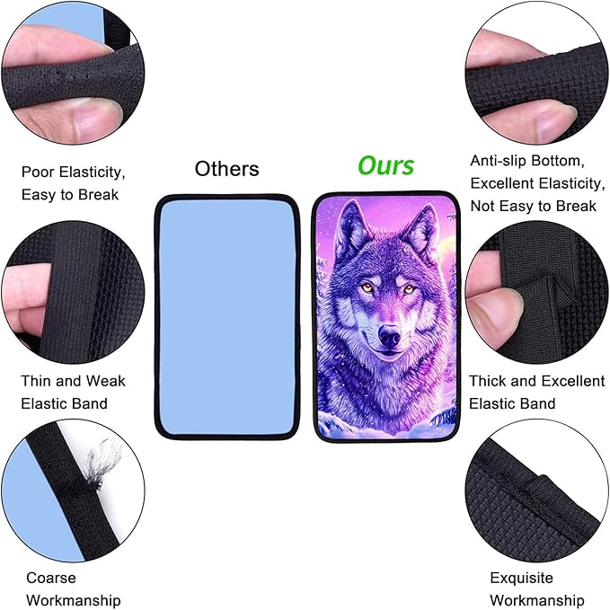 JANENFNA Car Armrest Cover Pads Universal Fashion Cute Auto Center Console Armrest Cover Pad with 2PCS Car Coasters Soft Waterproof Car Armrest Seat Protector for Women,Purple Snow Wolf