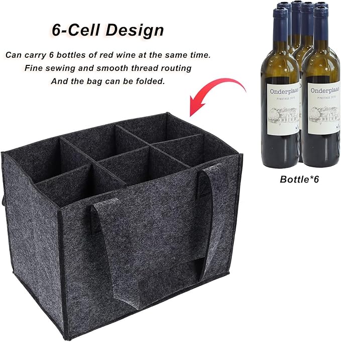 6 Bottle Wine Carrier with Divider Felt Wine Storage Tote Bag, Portable Reusable Wine Travel Bag with Handle for Christmas Travel Camping Picnic Party (Dark Gray)