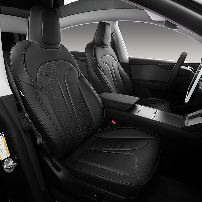 OURPLOT Custom Fit Seat Covers for 2025 2026 Tesla Model Y Juniper (5-Seater), Waterproof Breathable Nappa Leather, OEM Factory Style Full Set Car Seat Protectors Airbag Compatible - Black