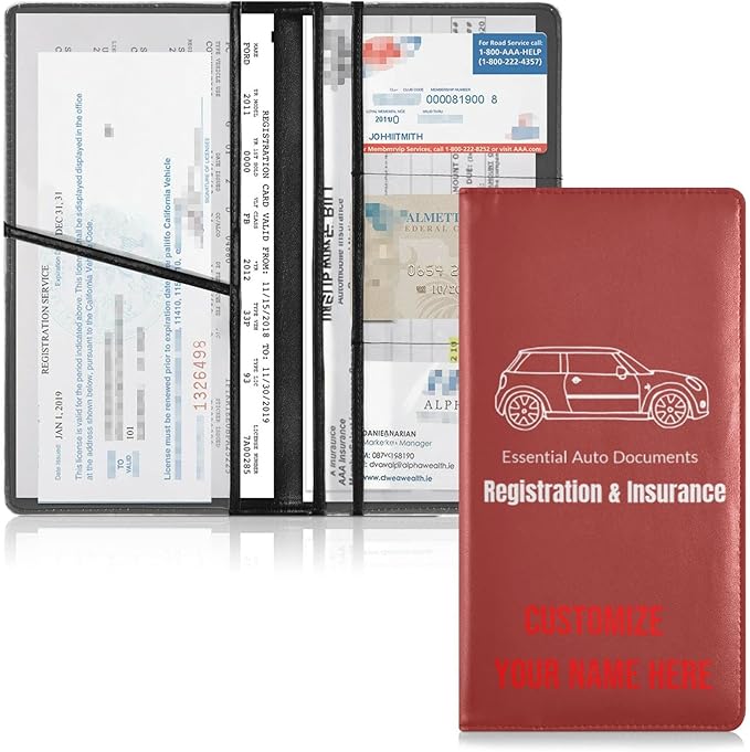 Custom Car Registration and Insurance Card Holder Personalized Leather Glove Box Organize Men Women Wallet Accessories Case for Cards, Essential Document Driver License Red Brown