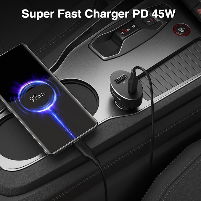 USB C Car Charger 45W, Nekteck USB-IF Certified Type C Fast Charger, 2-Port PowerIQ 3.0 Adapter with 3.3ft Cable, Compatible with iPhone 17/16 Pro/Max, Galaxy S24/S23, iPad Pro, Laptop and More
