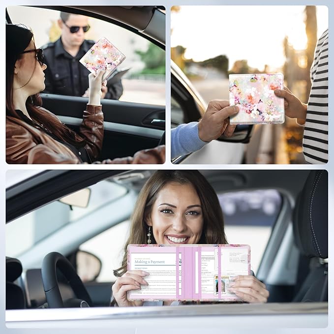 Pisypox Car Registration and Insurance Card Holder，Vehicle Glove Box Car Organizer，Accessories Case for Storing Driving Licences, Cards, Documents,Pink flower