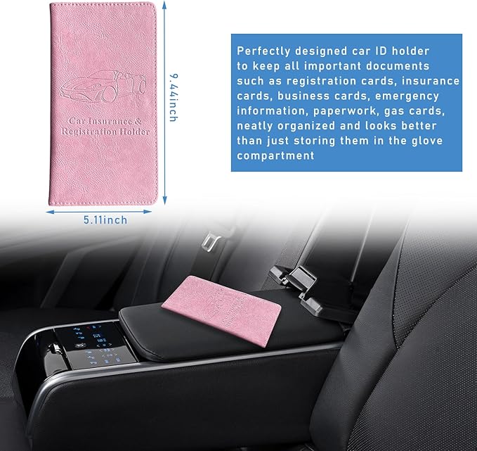 Ziciner Car Registration and Insurance Holder, Auto Card Document Glove Box Organizer with Magnetic Closure, Universal Vehicle Interior Accessories for Cars SUVs (Pink-Large)