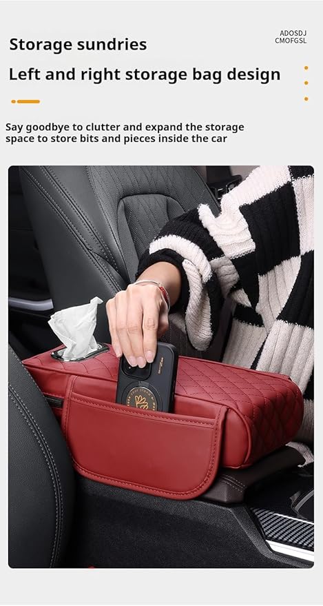 Center Console Cover Arm Rest Cover Leather Car Armrest Box Pad with Pocket Tissue Box Hole Auto Armrest Cover Cushion for Car Sedan Vehicle (Red)