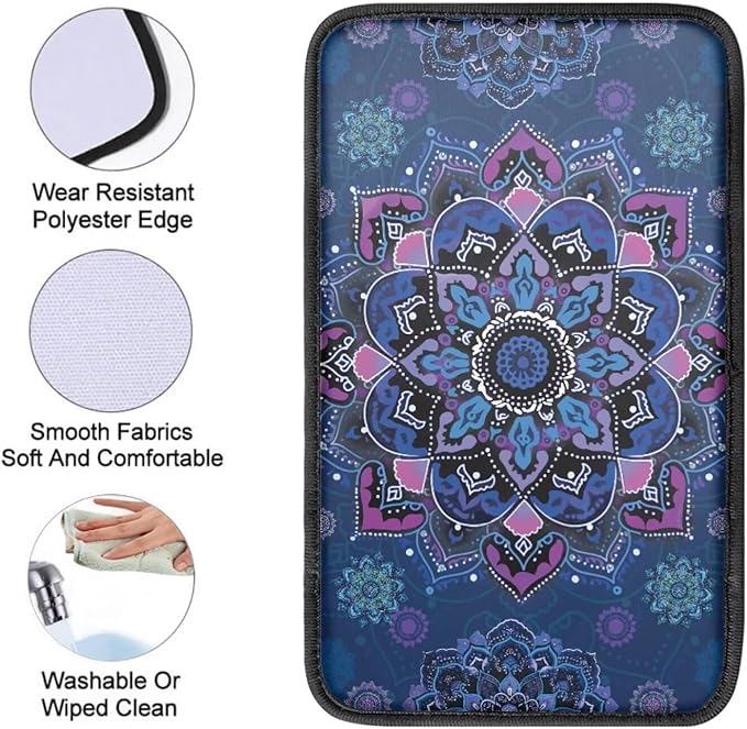 Mandala Flower Print Car Center Console Cushion Pad Dust-Proof Universal Armrest Cover Decorative Car Interior Accessories for Truck Sedan SUV