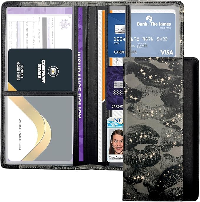 FinestHouse Car Registration and Insurance Holder with Magnetic Closure, Universal Document Organizer for License, Insurance Cards & Glove Box Storage (Lip print-Black)