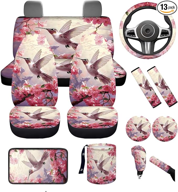 Dngkaoje 13 Pieces Hummingbird Car Seat Covers Full Set for Women Auto Interior Accessories Set for Front Rear,Pink Hummingbird Collapsible Garbage Bin,Armrest Pad Cover,Handbrake Shift Covers