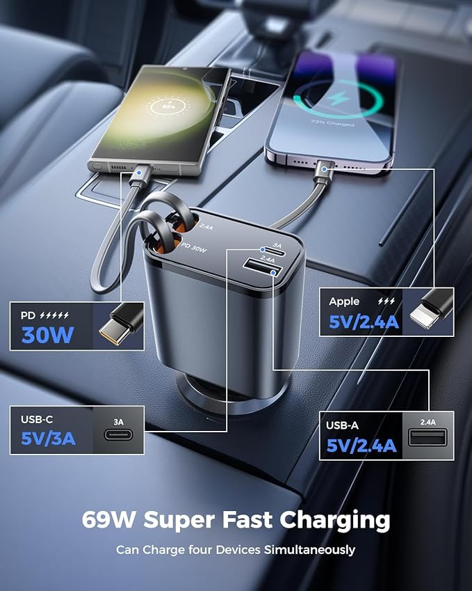 [2024 Upgraded] 4 in 1 Retractable Car Charger, SUPERONE Smaller Fast Car Phone Charger 69W with Cord, USB C and iPhone Car Charger Adapter, Compatible iPhone 17/17 Pro Max/16/15/14/13/12/11, Sumsung