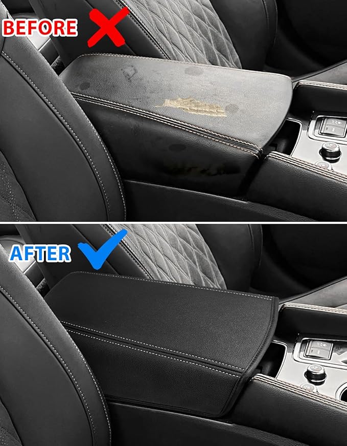Center Console Cover for Nissan Maxima 2016 2017 2018 2019 2020 2021 2022 2023, Vinyl Leather Middle Console Protector Pad, Armrest Lid Covering, Anti-Scratch, Black-Gray Stitching