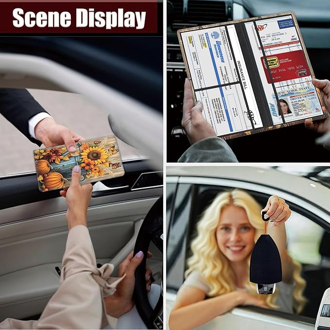 Car Registration Holder, PU Leather Vehicle Glove Box Organizer for Driver License, Document, Car Insurance Holder with Magnetic Shut, Auto Paperwork Wallet Accessories,Autumn Fall Pumpkin Sunflowers