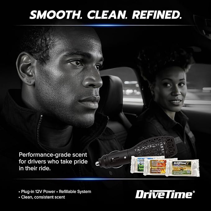 Drive Time Power Fresh 12V Car Air Freshener Bundle – Matte Black Plug-In Diffuser + 6 Long-Lasting Scent Bars (Up to 30 Days Each) – Refillable Automotive Freshener for Clean, Fresh Car Interior