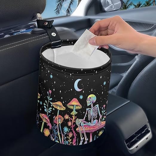 Brosoneto Mushroom Skull Car Trash Bag - Portable Garbage Bin for Front Seat, Back Seat, Floor - Universal Collapsible Easy to Clean Car Garbage Accessory