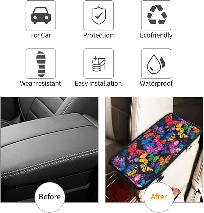 Colorful Butterfly Center Console Cover Butterflies Arm Rest Covers Armrest Pad Lid Cushion Pads for Most Vehicle, SUV, Sedan Animal Pink Blue Cars Accessories