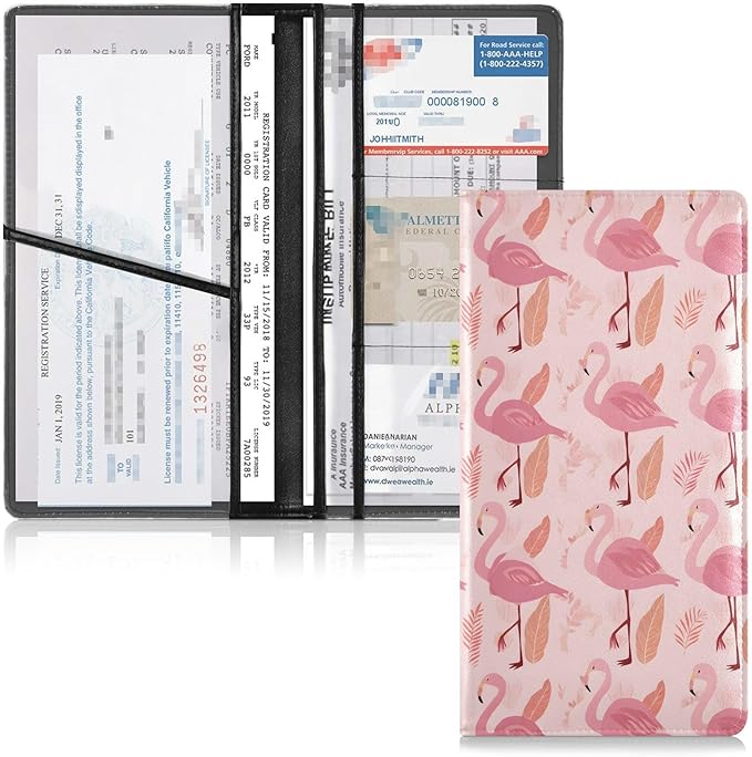 ALAZA Flamingo Leaves Pattern Car Registration and Insurance Card Holder Vehicle Glove Box Car Organizer Driver License Documents Holder Waller Case Organizers