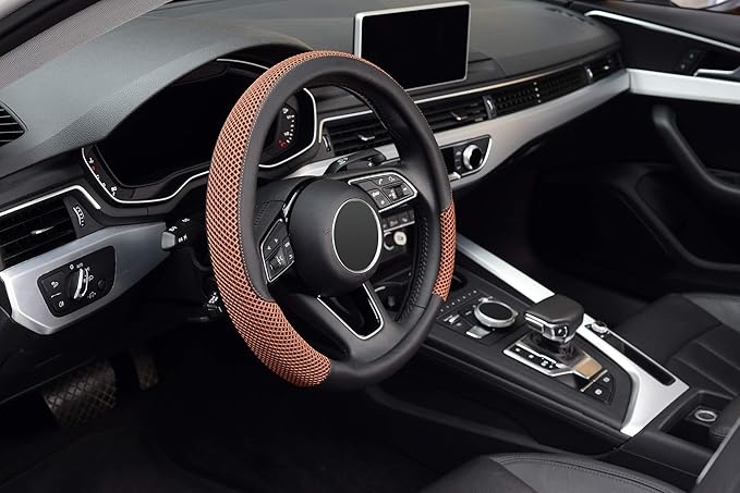 KAFEEK Steering Wheel Cover, Universal 15 inch, Microfiber Leather Viscose, Breathable, Anti-Slip,Warm in Winter and Cool in Summer, Black&Brown