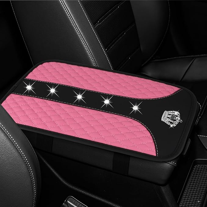 Bling Crown Car Center Console Cover, 12.7"×7.7" Armrest Cover for Cars, Waterproof Leather Arm Rest Box Pad Cushion, Universal Middle Console Cover Protector, Car Accessories (Pink)