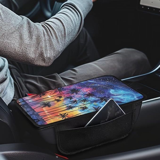 Dreaweet Galaxy Palm Tree Print Car Center Console Cover Car Armrest Cover Car Console Covers with Pockets Universal Car Armrest Storage Box for Most Vehicles