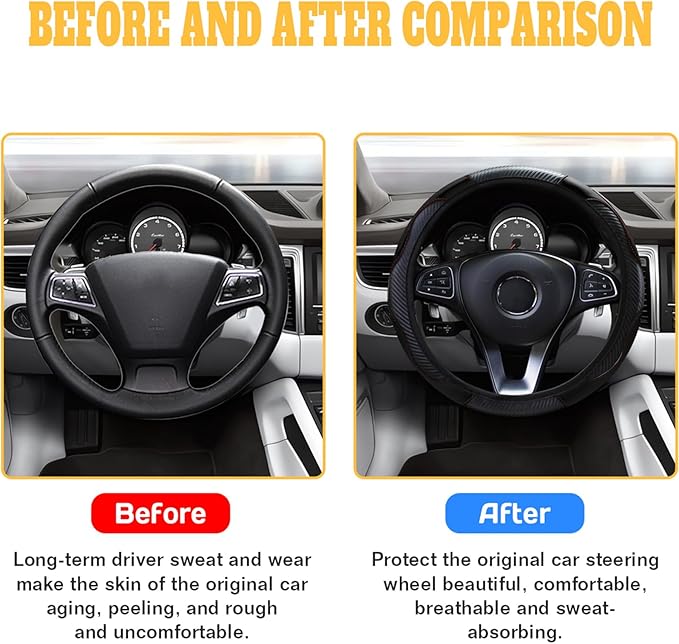 Car Steering Wheel Cover, 15 inch Carbon Fiber Microfiber PU Leather Elastic Steering Wheel Protector for Unisex, Anti-Slip Breathable Car Interior Accessories for Most Cars (Black)