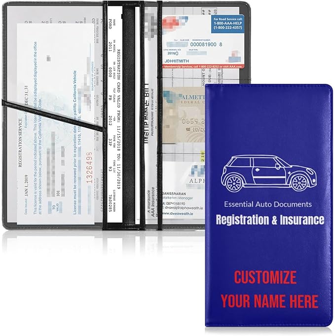 Custom Car Registration and Insurance Card Holder Personalized Leather Glove Box Organize Men Women Wallet Accessories Case for Cards, Essential Document Driver License Navy Blue