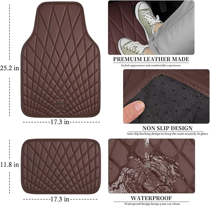 CAR PASS Luxury Faux Leather Floor Mats for Cars, Waterproof All Weather Car Mats Full Set, Anti-Slip Deluxe Automotive Floor Mats Universal Fit for Most SUV Vans Sedans Trucks, 4 Piece Brown