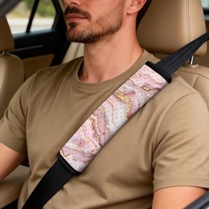 Qeluxign Automotive Seat Covers 5 Piece Universal Fit Pink Gold Marble Car Accessories with Soft 2 Pack Seat Belt Cover Pads and Center Console Armrest Covers for SUV Truck Interior Set