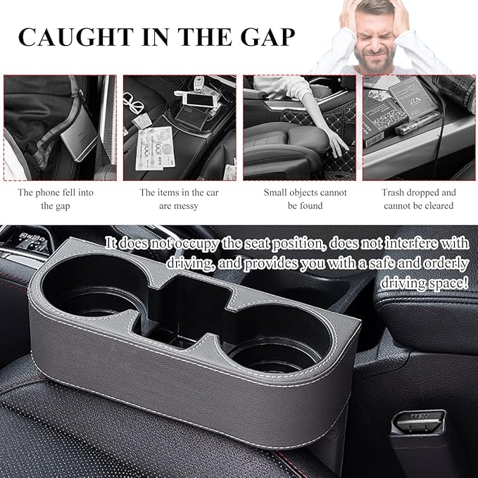 Car Cup Holder Gap Filler Organizer, Multifunctional Auto Front Console Gap Filler with Cup Holder, Leather Extra Cup Holder Storage Box for Car Truck SUV, Car Accessories (Gray)