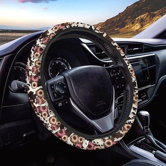 Universal Non-Slip Steering Wheel Cover, 15-inch Polyester Material Driving Accessories, Adjustable for Car and Truck(Sunflower Heart Leopard Print)