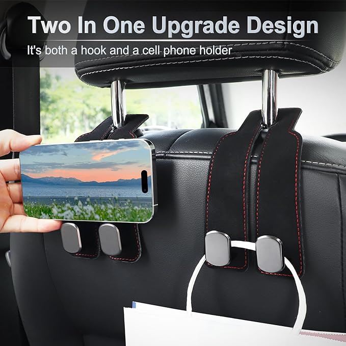 LivTee Car Hook, 2-Pack Leather & Iron Headrest Mount Hangers for Bags, Coats & Phones (Black)