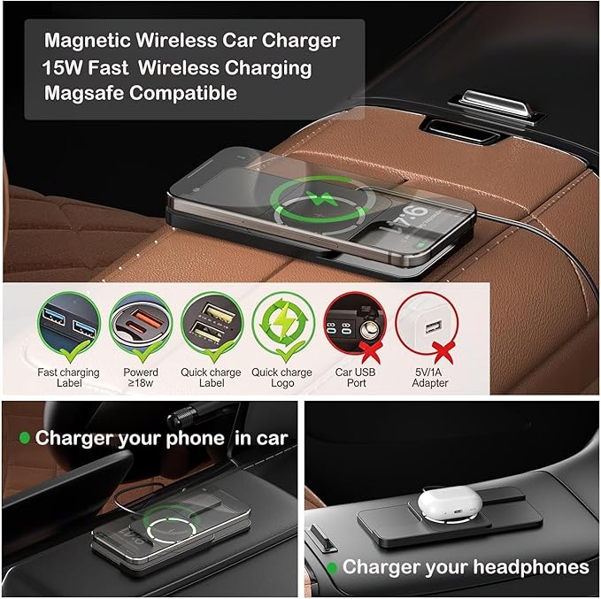 Magnetic Wireless Car Charging Pad Fast Wireless Phone Charger Mat Compatible with iPhone 16 15 14 13 12 AirPods Earbuds C11MAG
