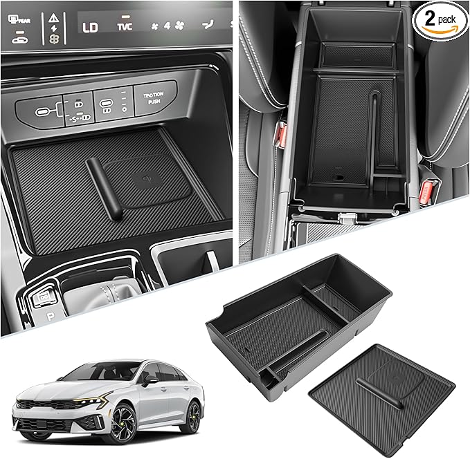 SKTU 2-Pack for 2025 2026 Kia K5 Accessories Center Console Organizer for 2025 2026 Kia K5 (LXS/GT-Line/GT/EX) Console Tray & Wireless Charging Mat 2025 2026 K5 GT-Line Console Non-Slip Pad