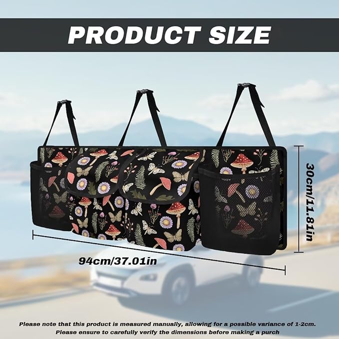 Mushroom Car Trunk Organizer, Butterfly Large Capacity Backseat Trunk Organizer with 4 Pocket, Backseat Hanging Car Storage Organizer Foldable Cargo Storage with Adjustable Straps