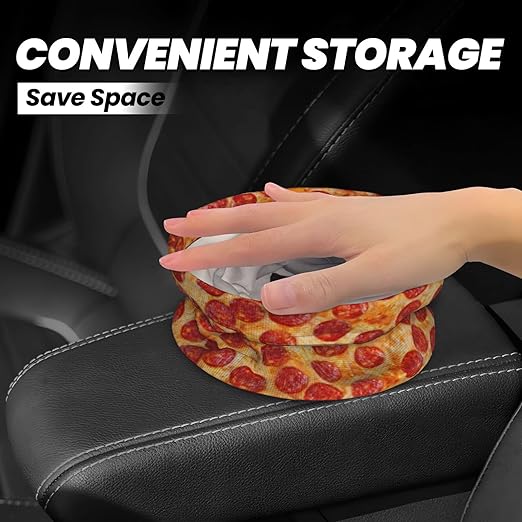 KXWQTRDD Car Garbage Bag Pizza Pepperoni Mini Car Trash Bin Portable Collapsible Waterproof Rubbish Bag for Car Accessories Back Front Seat Cup Holder