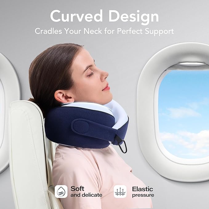 KPNEOL Travel Pillow, 100% Pure Memory Foam Travel Neck Pillow Airplane Neck Support Ergonomic Design for Traveling Suitable for Airplanes,Offices and Cars-Cooling Silk Blue