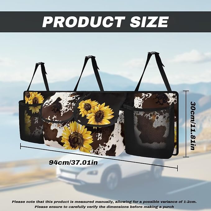 Cow Sunflower Hanging Trunk Organizer for SUV, Car Organizer, Waterproof Back Seat Organizer for SUV, Car Organizers and Storage with Adjustable Straps, Car Storage Organizer