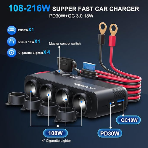 12V Socket Power Outlet, 10FT Cable 24V 216W Multi Port Outlet, 12 Volt Car Cigarette Lighter Adapter USB Charger Cigarette Lighter Socket, Power Supply Car Plug outlet Battery Adapter