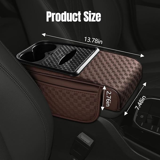 Hovom Car Center Console Armrest Pillow, 13.78"×7.48"×2.76" Leather Arm Rest Cover for Cars, Multifunctional Auto Armrest Cushion Pad with Pocket, Tissue Box & Cup Holder, Car Accessories (Coffee)