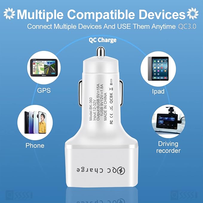 Amiss Car Charger Adapter, 6 USB Multi Port, Fast Charger, Include QC 3.0 and 5 Other Ports, Car Interior Accessories, Fit for iPhone 13/12/11/pro，Samsung Galaxy/Note S10/S9/S8 - Bright White