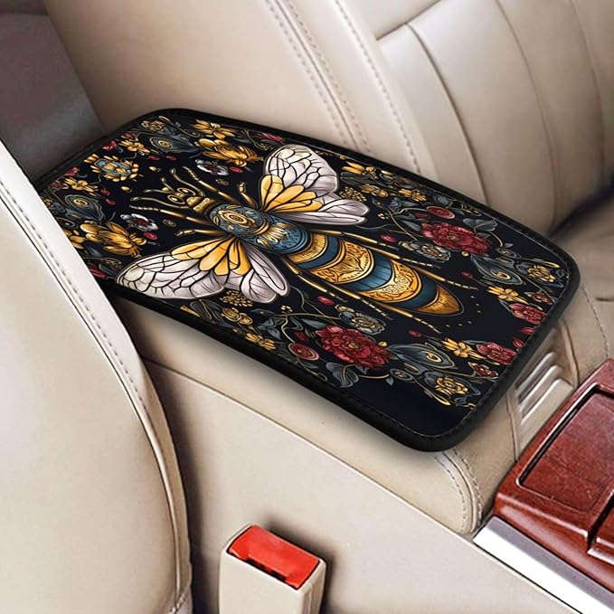 ANFXIEDU Bee with Queen 1 Car Center Console Cover, Armrest Pad Cover Universal Car Arm Rest Seat Storage Box Mat