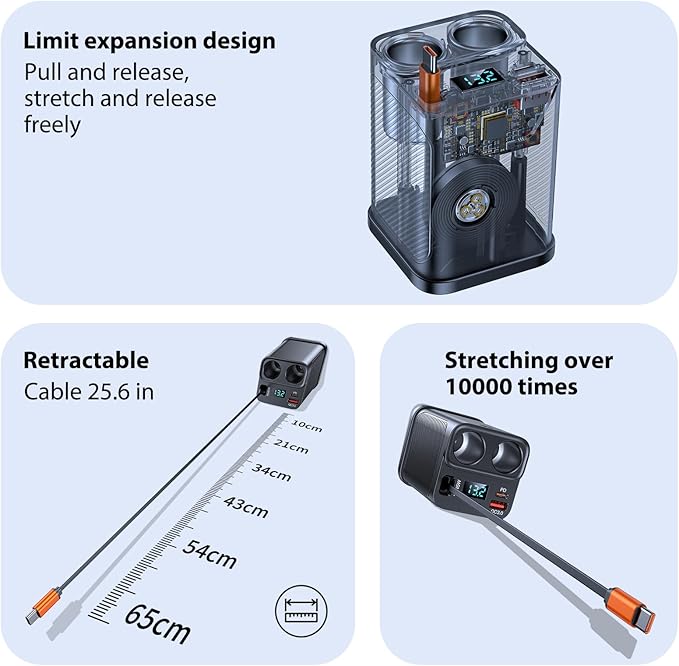 Cigarette Lighter Splitter with Retractable Car Charger, 45W USB C Car Cup 2-Socket Cigarette Lighter Adapter Heavy Duty Truck Car Plug Outlet Splitter Fast Charging 12V/24V Multi Port for Car Devices