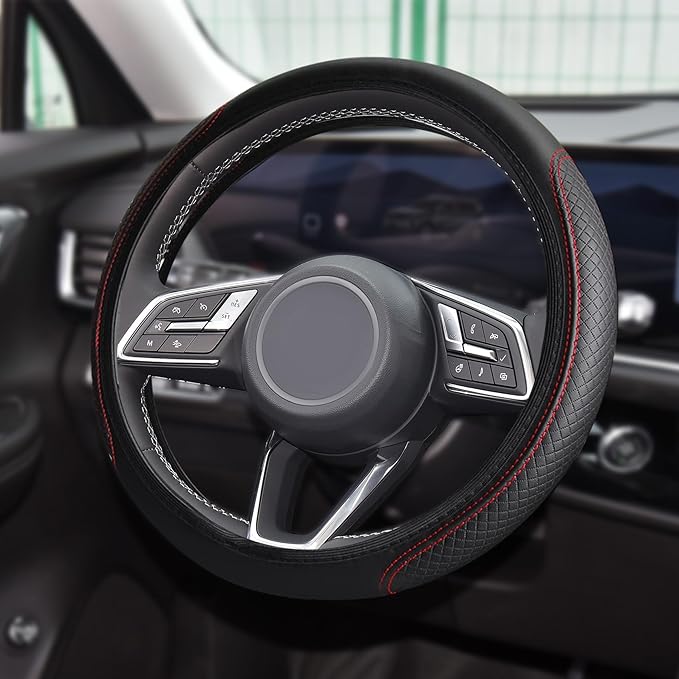 Car Steering Wheel Cover, Universal 14.5-15 Inch Black Leather Steering Wheel Wrap with Better Sport Grip for Men Women, Anti-Slip Breathable Car Interior Accessories for Most Vehicle (Black with red)