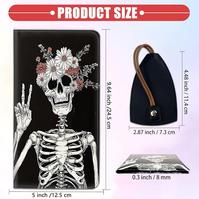 Car Registration and Insurance Card Holder for Women Men, Waterproof PU Leather Glove Box Car Organizer with Magnetic Shut, Vehicle Document Holder for Driver License, Skull Skeleton with Flowers