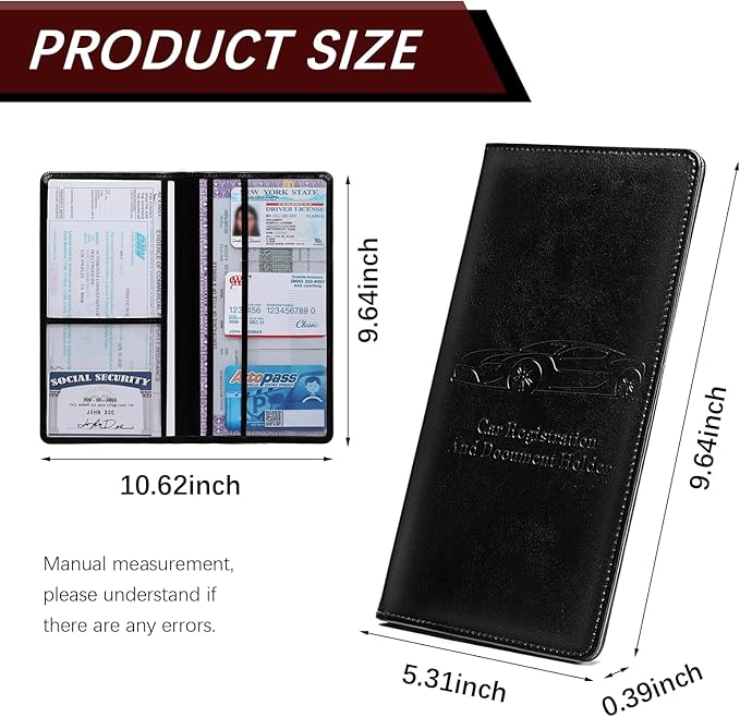 Peisicne Car Registration and Insurance Card Holder for Women Men, Black Glove Box Paperwork Organizer with Magnetic Buckle for Easy Access and Protect Documents and Various Cards in Vehicle