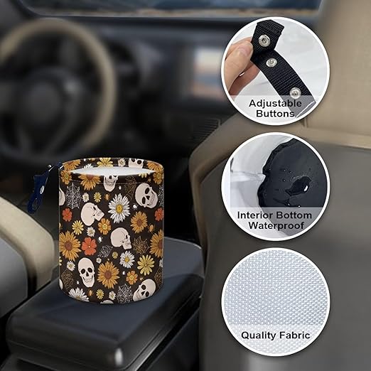 Brosoneto Halloween Gothic Skull Car Trash Bag Portable Garbage Bin Hippie Daisy Retro for Car Front Seat, Back Seat, Floor, Easy to Clean Car Garbage Accessory Car Interior Decoration