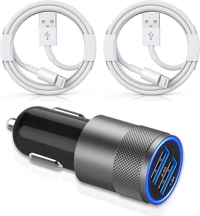 Apple MFi Certified iPhone Car Charger, 3.4A Fast Charge Dual Port USB Cargador Carro Lighter Adapter, Metal Cigarette Lighter [2Pack] Lightning Cable for iPhone/iPad/Airpods