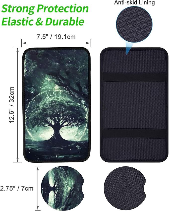 JANENFNA Car Armrest Cover Pads Universal Fashion Cute Auto Center Console Armrest Cover Pad with 2PCS Car Coasters Soft Waterproof Car Armrest Seat Protector for Women,World Tree