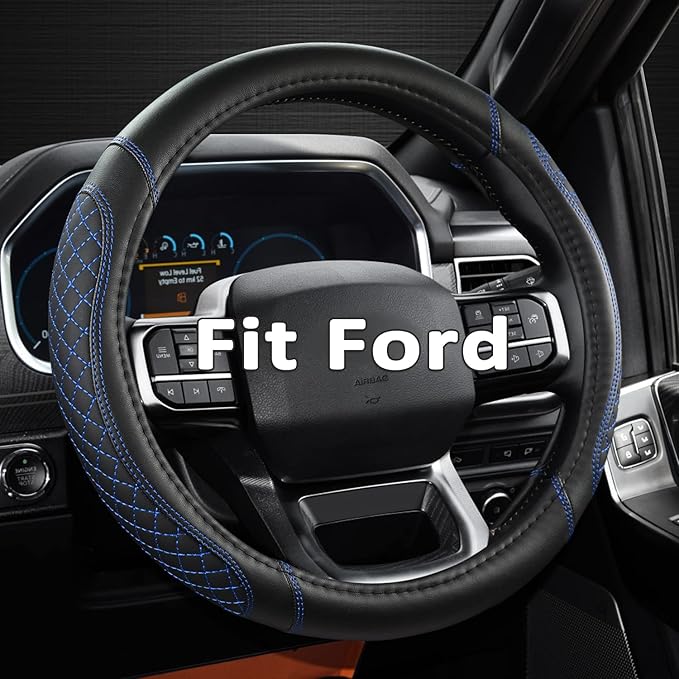West Llama Customized Auto Car Steering Wheel Cover for Ford F-150, F-250, F-350, Expedition(Diamond Quilted - Black+Blue)