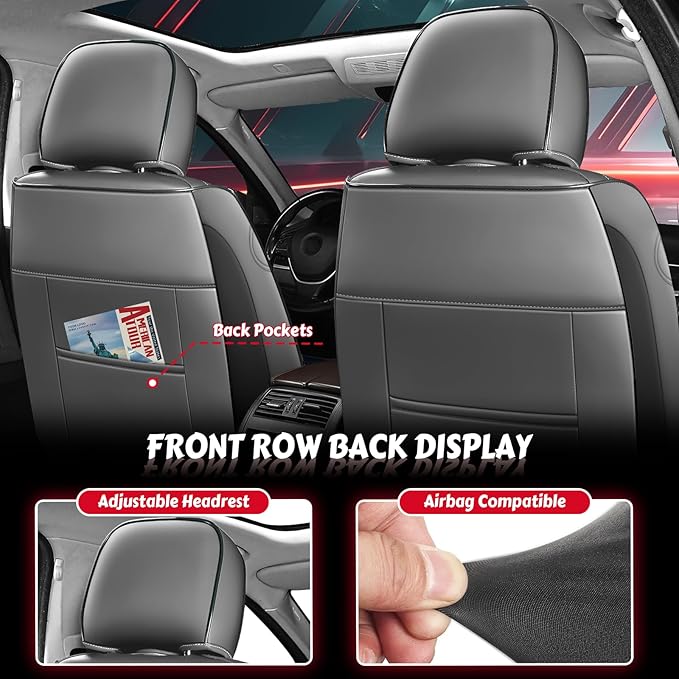 LPDK Fit for Kia Sportage Car Seat Covers Front Set 2pcs with Waterproof Leather,Lumbar Muscle Pain Healing Function,Airbag Compatible Automotive Breathable Seat Protectors(Ash Black with Pillow)
