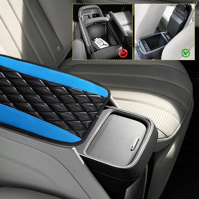 Car Center Console Cushion Pad, 12.6"×7.5" Waterproof Leather Armrest Seat Box Cover Protector, Soft Comfortable Anti-Scratch Arm Rest Console Pad for Most Cars Trucks SUVs (Black & Blue)