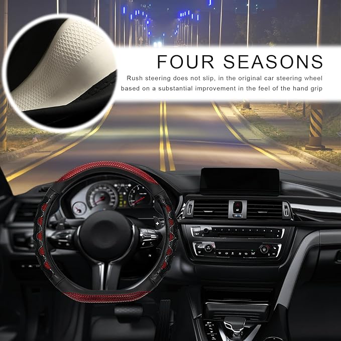 Car Steering Wheel Cover, 15 Inches Leather Comfy Grip Steering Wheel Protector with 3D Honeycomb, Anti-Slip D-Shaped Wheel Wrap Cover for Most Vehicles, Car Accessories (Red)